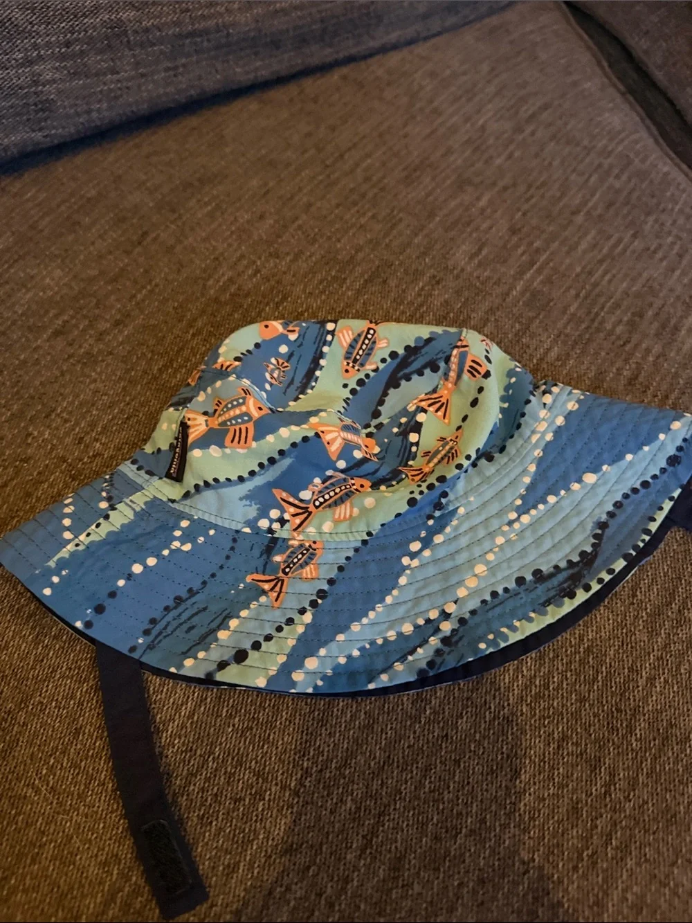 Patagonia Kids Blue Aqua Fish Print Sun Hat with velcro chin strap